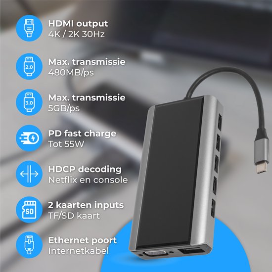 Nuvance - 13 in 1 Docking Station Laptop - USB C Hub - USB Splitter - USB Hub 3.0 - HDMI, VGA, Network, AUX et TF/SD - Docking station