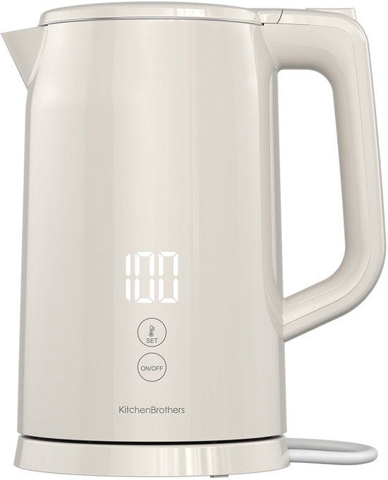 KitchenBrothers Bouilloire - 1.7L - Avec contrôle de la température - Électrique - Fonction maintien au chaud - Affichage - Double paroi - Cool-touch - 2200W - Beige