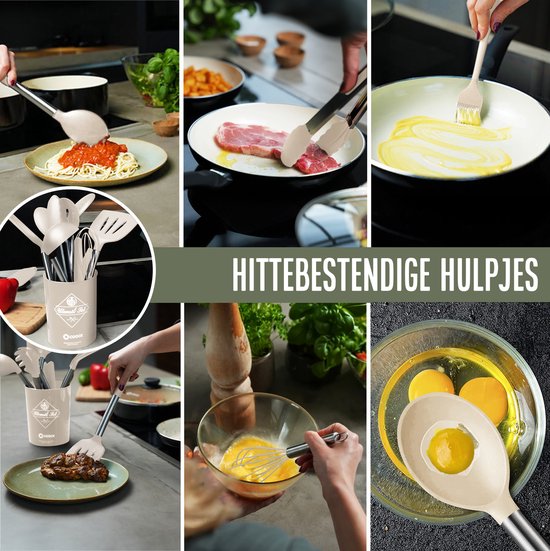 COOCK Batterie de cuisine en silicone avec support XL - Batterie de cuisine 26 pièces - Sans BPA ni plastique - Susceptible d'être suspendue - Ouvre-boîte inclus - Beige