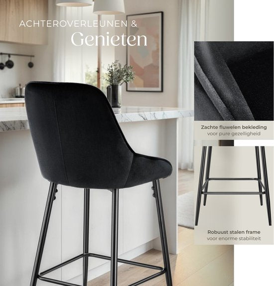 tectake® - Lot de 2 tabourets de bar Siera - Tabouret de bar rembourré avec dossier - Tabouret de bar avec repose-pieds - Chaise de salle à manger avec revêtement en velours et rembourrage en mousse souple - Pieds en acier robuste avec protection antidéra