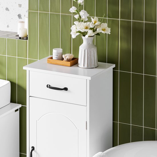 SoBuy Meuble de salle de bain, petit meuble de rangement avec tiroir, colonne de salle de bain en bois, meuble de toilette, résistant à l'humidité, blanc, 42 x 30 x 93 cm, BZR207-W