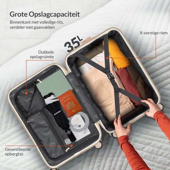 Nohrd Hand Luggage Suitcase 35 L - Spinner Wheels - Trolley Lightweight - Double TSA Lock - Travel Suitcase - Handy Front Pocket - Ivory