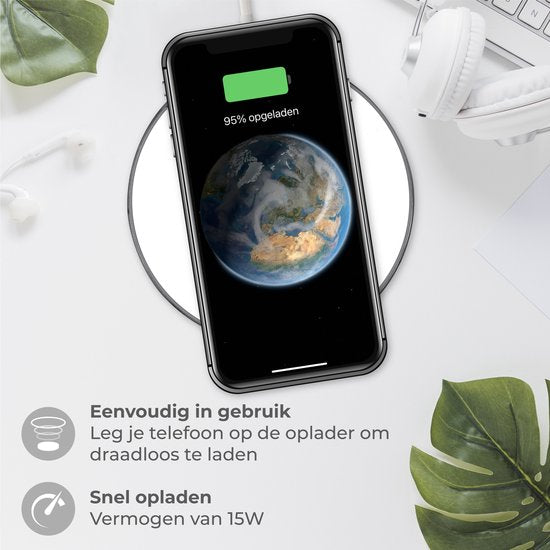 Nuvance - Chargeur sans fil 15W - Câble inclus - Chargeur sans fil - Chargeur rapide - Convient à tous les Smartphones Qi - Blanc et Argent
