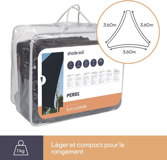 Perel Toile d'ombrage, perméable à l'eau, perméable à l'air, 3,6 x 3,6 x 3,6 m, 180 g/m², HDPE, triangle, gris foncé