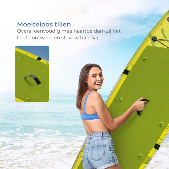 Supper Sup Board XL - Max. 220KG - Gonflable - Planche à pagaie - Pagaie réglable - Etui de téléphone étanche - Pompe - Palmes - Leash - Sac de transport - Touring 381 x 81 cm - Vert lime