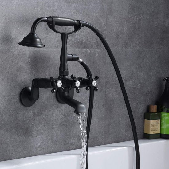Sumerain - Vintage Wall Mount Freestanding Bath Tap - Matt Black - Hand Shower