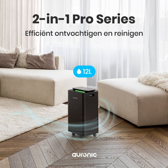 Déshumidificateur et purificateur d'air Auronic - Série Pro - 12L par jour - Fonction Lavage-Séchage - Chambre à coucher, salle de bain et salon - Déshumidificateur pour la maison - Noir