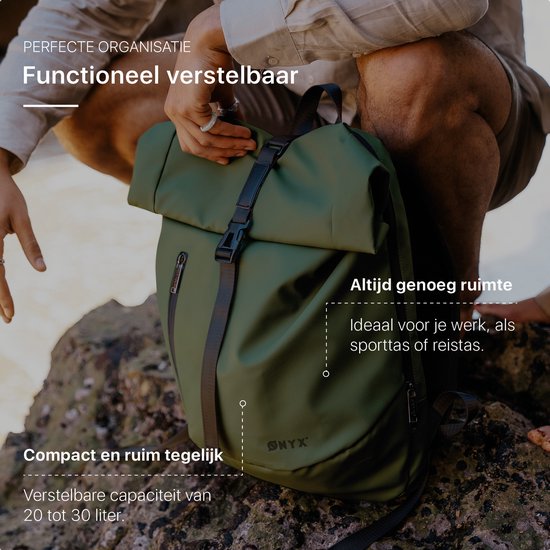 ONYX Rolltop PRO Backpack 20 à 30L - Avec compartiment pour ordinateur portable - Sac à dos ajustable - Sac de voyage - Imperméable et durable - Vert forêt
