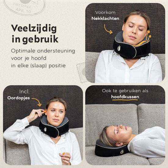 TRAVARA Oreiller de cou - Oreiller de voyage - Pour l'avion - La voiture - Mousse à mémoire de forme - Avec bouchons d'oreille - Noir