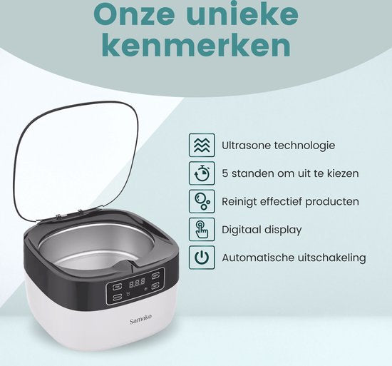 Samako Nettoyeur à Ultrasons Professionnel - Appareil de Nettoyage - Bain à Ultrasons - Lunettes - Bijoux - Montre - Pinceau de Maquillage - 750 ml