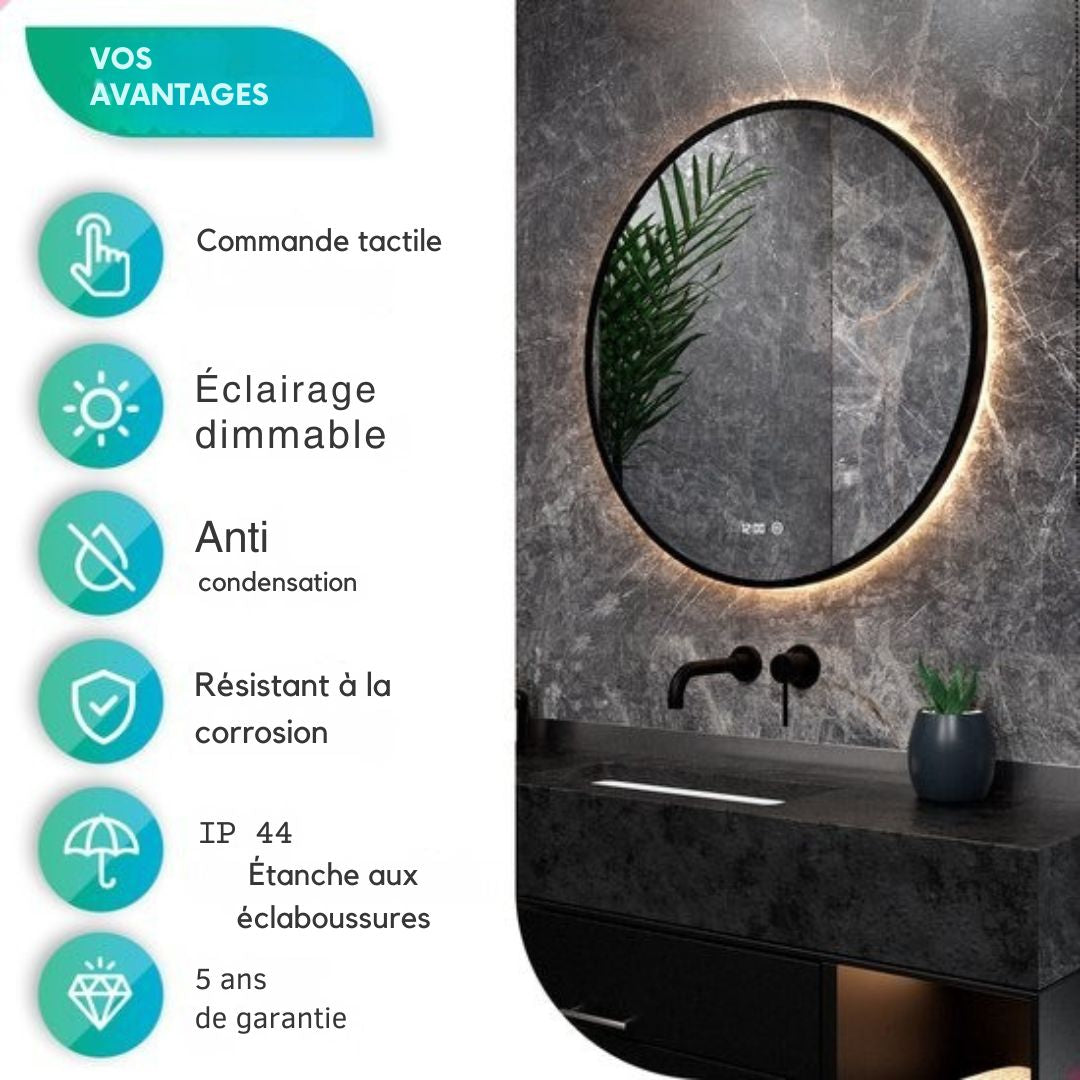 Miroir de salle de bain - Mirlux - avec éclairage LED et chauffage - anti-condensation - 60CM - Noir mat