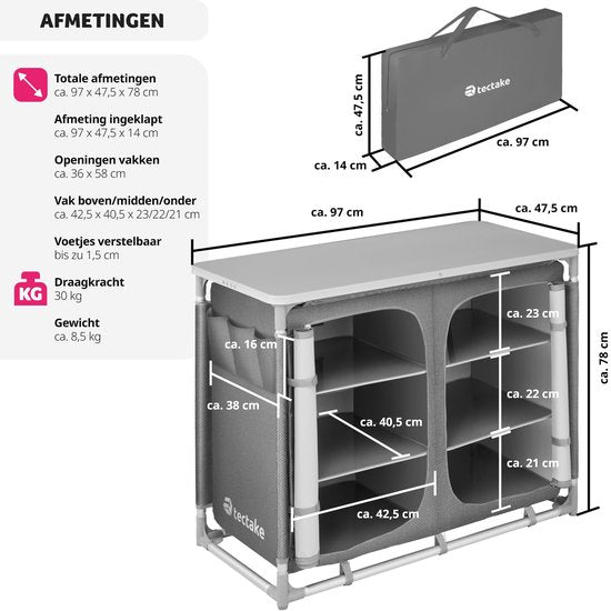 tectake® - Armoire de camping 97x47,5x78cm - Pliable - Compartiments verrouillables - Plans de travail robustes - Poches latérales pratiques - gris