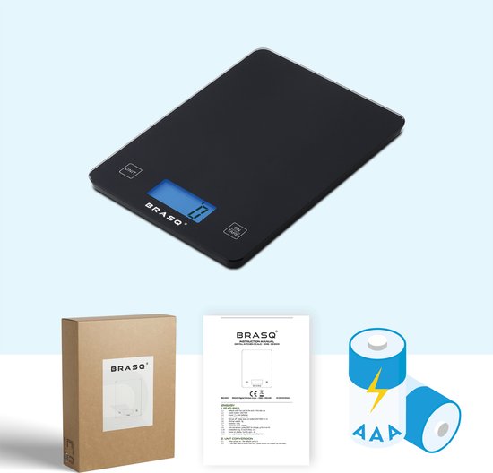 BRASQ Balance de cuisine numérique noire - Piles incluses - Balance de cuisine avec fonction Tare - Etendue de pesée 10 KG - Balance de précision