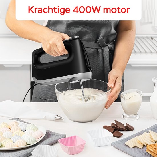 Kitchenwell Batteur à main - 6 vitesses et fonction turbo - 400W - Batteurs & Crochets à pâte & Fouet - Boîte de rangement incluse