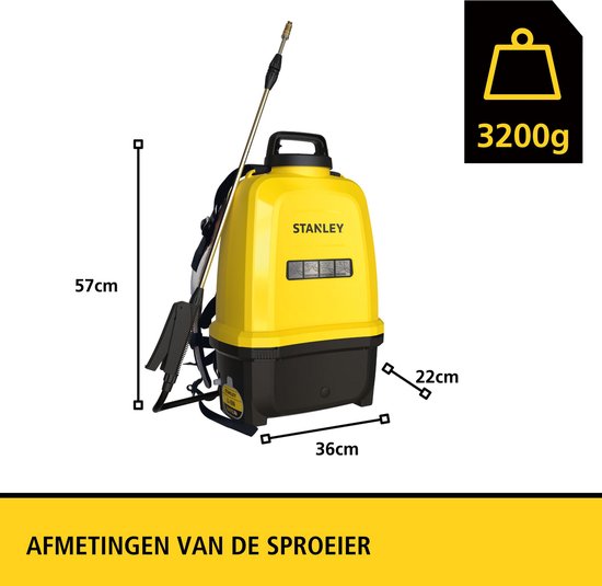Stanley Pulvérisateur 16 L arrière, pulvérisateur arrière jardin, pulvérisateur à pression, électrique, batterie rechargeable lithium, lance télescopique, buse réglable, autonomie 2 h, max 5 bar, 0.60 l/minute, jaune/noir