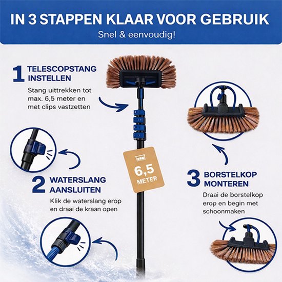 Balai télescopique Nexxt 6.5m - Grande tête de brosse - Lave-vitre télescopique - Brosse de lavage avec manche télescopique - Distributeur de savon