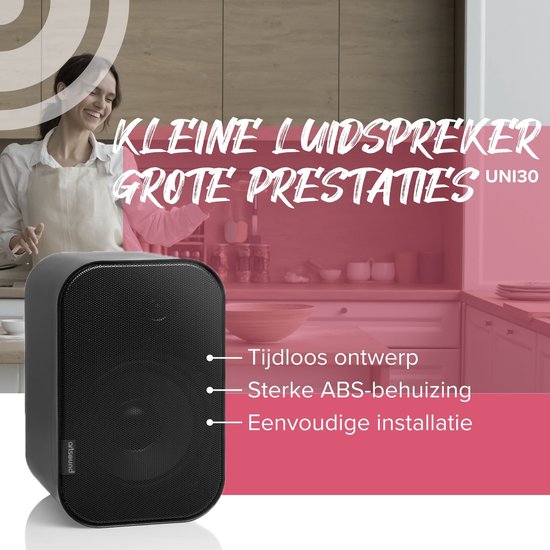 Artsound UNI30, set de 2 haut-parleurs passifs, haut-parleur hi-fi 2 voies, 20-60 watts, support mural avec joint à rotule, convient pour des pièces jusqu'à 40 m² telles que cuisine, café, entrepôt, couleur : noir