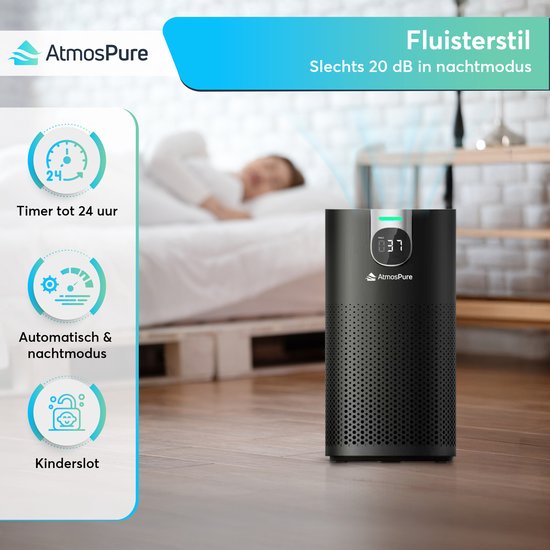 AtmosPure® CleanAir Air Purifier - Purificateur d'air avec filtre HEPA 13 + filtre à charbon remplaçable - CADR 250 m³/h - Noir - Pour 98 m² - Lutte contre les acariens, le rhume des foins, les allergies, -3 modes + mode sommeil silencieux - Capteur de qu