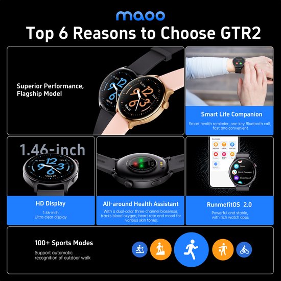 Maoo GTR Series 2 Smartwatch Homme - Acier inoxydable et bracelet TPU - Podomètre - Moniteur de fréquence cardiaque - Moniteur de sommeil - Multisport - Convient à Android et iOS - Noir