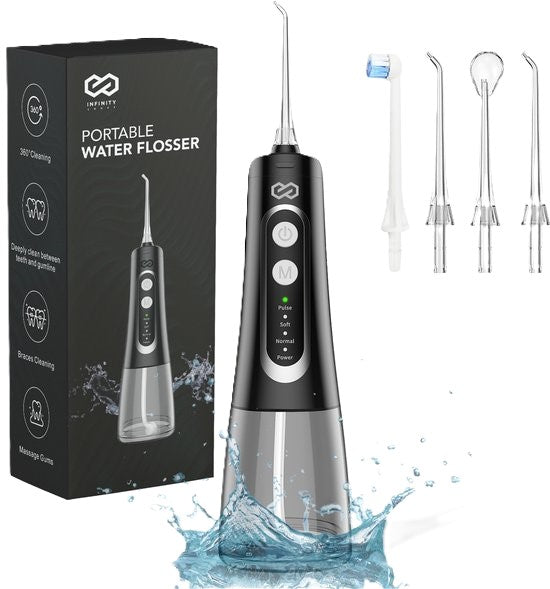Infinity Goods Hydropulseur - Irrigateur oral - Fil dentaire électrique - Sans fil et rechargeable - 5 accessoires - Noir