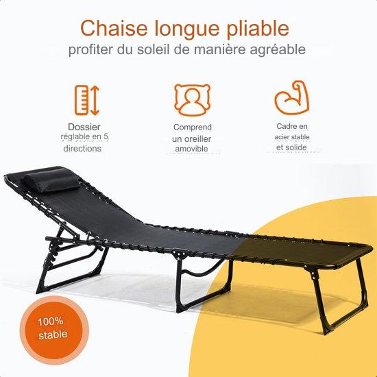 Lit de soleil pliable Dossier réglable Lounger - 5 supports - 188 x 56 x 29 cm - Coussin de tête inclus - Noir