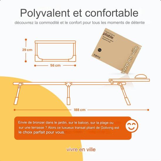 Lit de soleil pliable Dossier réglable Lounger - 5 supports - 188 x 56 x 29 cm - Coussin de tête inclus - Noir