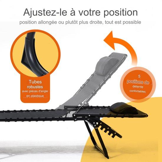 Lit de soleil pliable Dossier réglable Lounger - 5 supports - 188 x 56 x 29 cm - Coussin de tête inclus - Noir