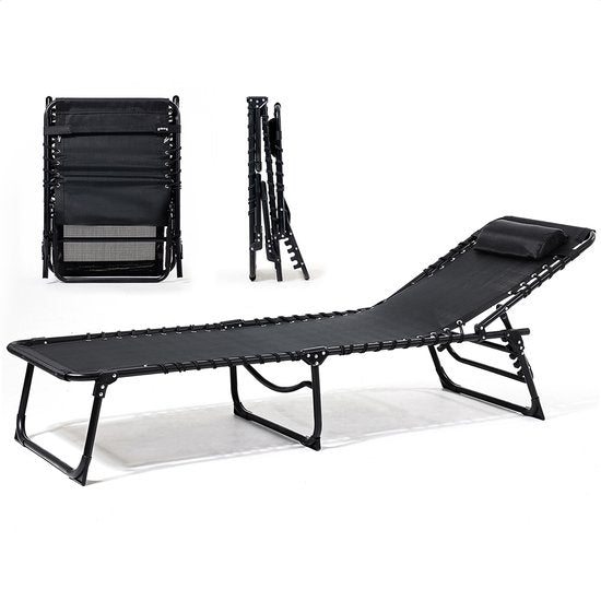 Lit de soleil pliable Dossier réglable Lounger - 5 supports - 188 x 56 x 29 cm - Coussin de tête inclus - Noir