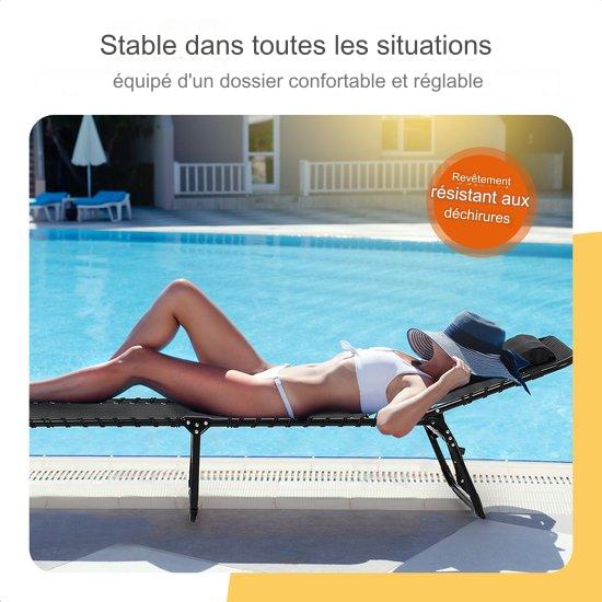 Lit de soleil pliable Dossier réglable Lounger - 5 supports - 188 x 56 x 29 cm - Coussin de tête inclus - Noir