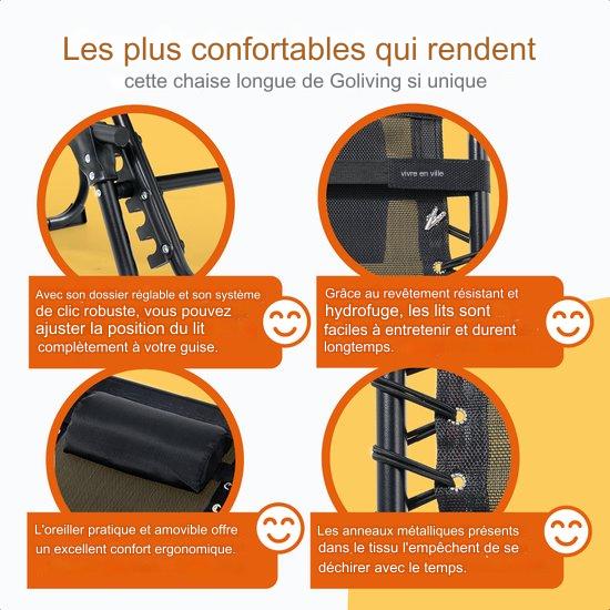 Lit de soleil pliable Dossier réglable Lounger - 5 supports - 188 x 56 x 29 cm - Coussin de tête inclus - Noir