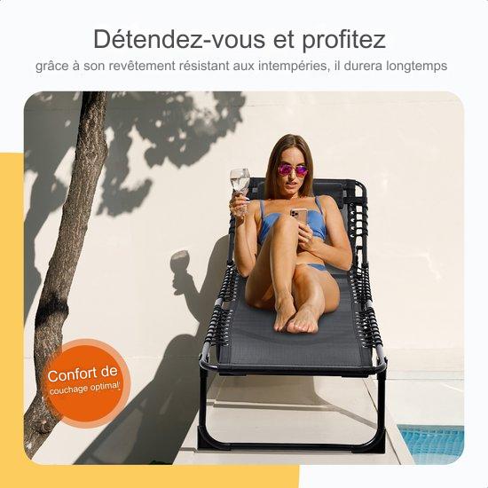 Lit de soleil pliable Dossier réglable Lounger - 5 supports - 188 x 56 x 29 cm - Coussin de tête inclus - Noir