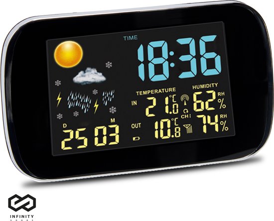 Infinity Goods Station météo - Prévisions météo - Hygromètre - Intérieur et extérieur - Température - Humidité - Capteur extérieur sans fil - Portée 100M - Noir