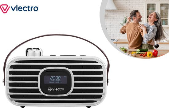 Radio rétro Vlectro - DAB+ avec Bluetooth - Design compact - 12 heures d'autonomie - Réveil inclus - blanc