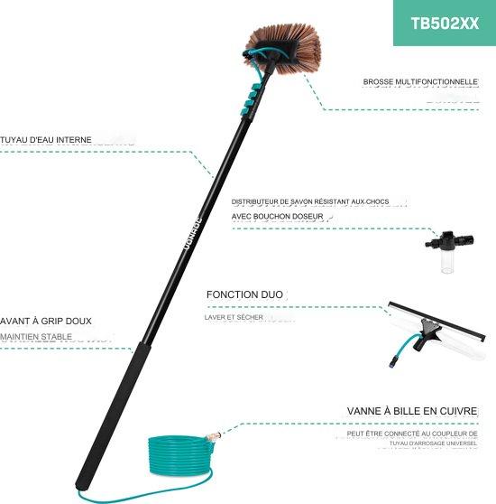 Brosse à laver téléscopique - VONROC - 6,5 m – Avec Tête de Brosse – Nettoyeur de Vitres et Surfaces - Noir