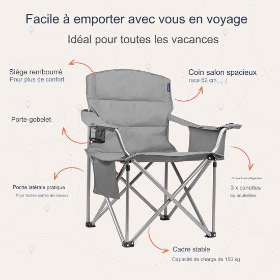 Chaise de camping XL TRVLMORE, Pliable, Compartiment réfrigérant et Porte-boisson, Gris