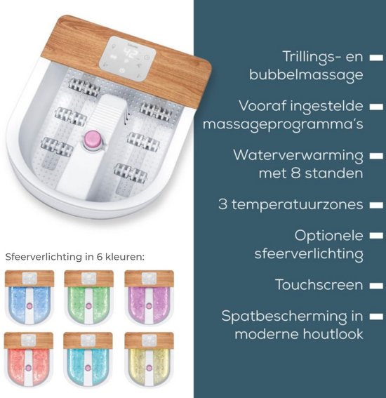 Beurer FB 65 Bain de pieds électrique - Massage des pieds - Massage par vibrations et bulles - Aromathérapie - Infrarouge - Eclairage d'ambiance LED - Chauffage - Champs magnétiques - Rouleaux réflexes pour les pieds - 3 accessoires de pédicure - Jusqu'à