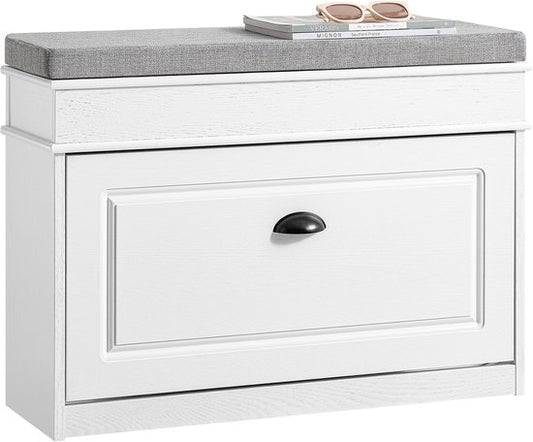 SoBuy FSR82-L-WG Meuble à chaussures banc d'entrée - banc à chaussures avec siège de toilette et coussin de rangement pour chaussures pour hall d'entrée, salon 75 x 24 x 51 cm, capacité 180 kg, blanc effet bois antique