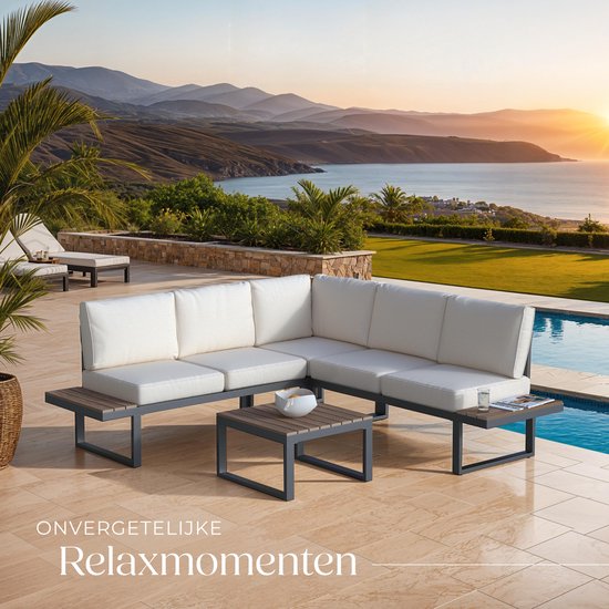 tectake® Garden set - lounge set 4-piece - Salon de jardin résistant aux intempéries avec structure en aluminium et table en polywood - Dossier réglable - Salon de jardin avec coussins - Idéal pour le jardin, le balcon et la terrasse