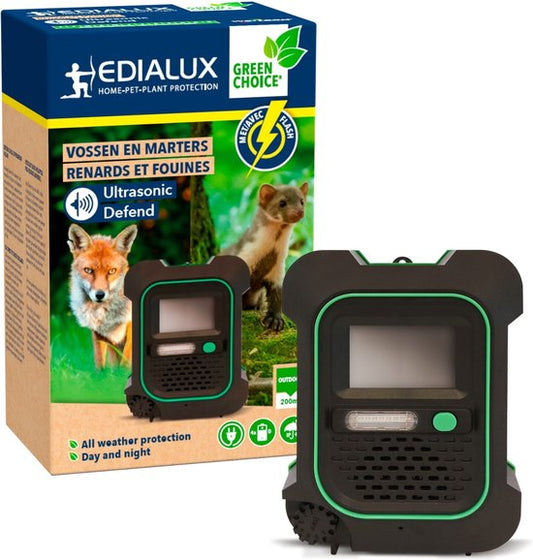 Edialux Ultrasonic Defend Foxes & Marters Flash, répulsif à ultrasons pour renards et martres avec flash, protégez votre jardin efficacement et en toute sécurité, fonctionne avec des piles ou un adaptateur, max 200 m².