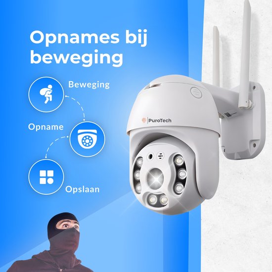 PuroTech Security Camera Core - Caméra extérieure avec vision nocturne - Caméra de sécurité extérieure filaire - Rotative et inclinable - Avec Wifi et app - 3MP - Blanc