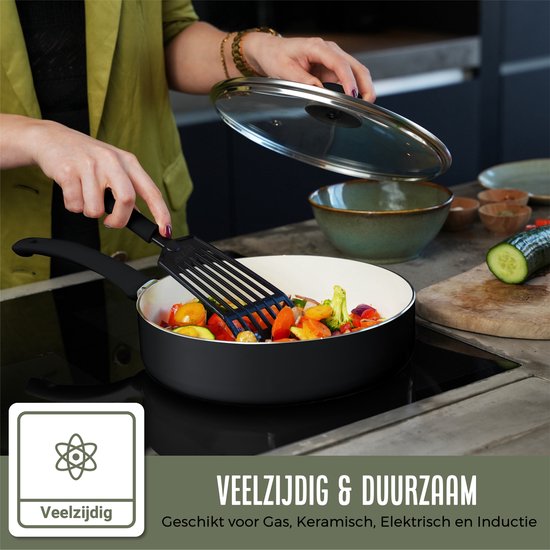 COOCK Batterie de cuisine à induction 19 pièces - Revêtement spécial antiadhésif - Poignées ergonomiques à froid - Aluminium recyclé - Ensemble de poêles à frire - Ensemble de casseroles - Noir/Blanc - Sous-verres et livre électronique inclus