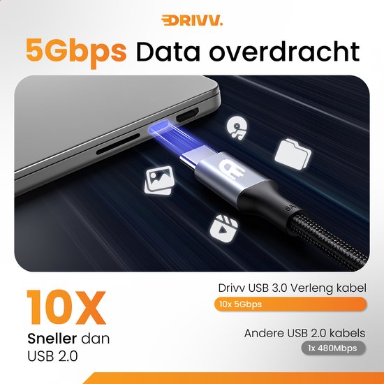 Drivv. Premium USB Extension Cable 3.0 - Male to Female - USB Data Cable - Fast Transfer - 5Gbps - Nylon - 1 Mètre - Noir