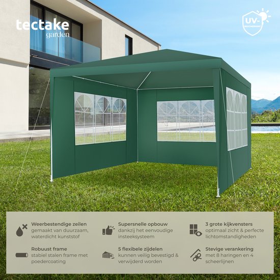 tectake® Pavillon - avec armature renforcée - Tente de réception 3x3 m - Bâche imperméable - Panneaux latéraux amovibles - Pavillon de jardin résistant aux intempéries - Lignes de tension et piquets inclus - Vert - Tente pliante pop-up