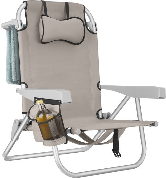 tectake® Beach Chair Coral - Chaise de camping pliable avec sac isotherme et sac de rangement - Dossier réglable en 5 sens avec coussin de tête - Accoudoirs larges avec porte-gobelet / porte-téléphone - Chaise de camping pliable - Beige