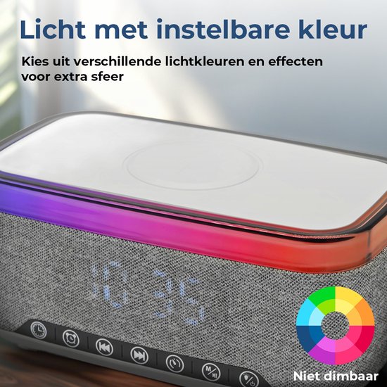 Réveil Denver avec chargeur sans fil - Machine à bruit blanc - Réveil numérique - Bluetooth - Radio FM - Double alarme - Variateur - CRQ225