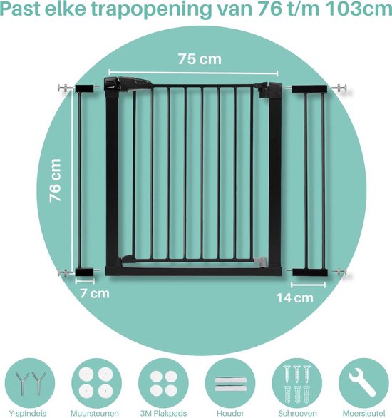ADSafety Porte d'escalier sans perçage - 76 à 103 cm - 2 rallonges incluses - Fixation par pince - Barrière de sécurité - Barrière pour enfants - Barrière pour chiens - Noir