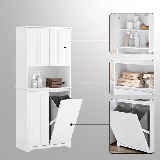SoBuy BZR150-W Armoire haute de salle de bain avec sac à linge, armoire de salle de bain avec portes, 2 paniers à linge amovibles, étagères réglables, compartiments
