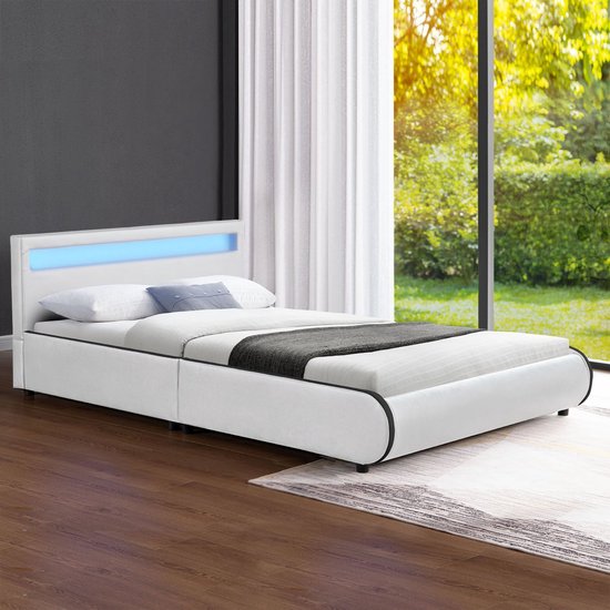 Juskys Lit capitonné Seville - 140 x 200 cm - Blanc - Eclairage LED