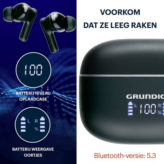 Écouteurs sans fil Grundig - Écouteurs Bluetooth - Suppression du bruit ANC+ENC - Écouteurs sans fil - Étui de chargement avec affichage LED - BT 5.3 - Autonomie de 25 heures