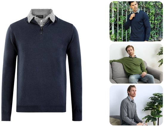 Milanoro - Pull pour homme avec col chemise et demi-fermeture éclair - Marine - XL